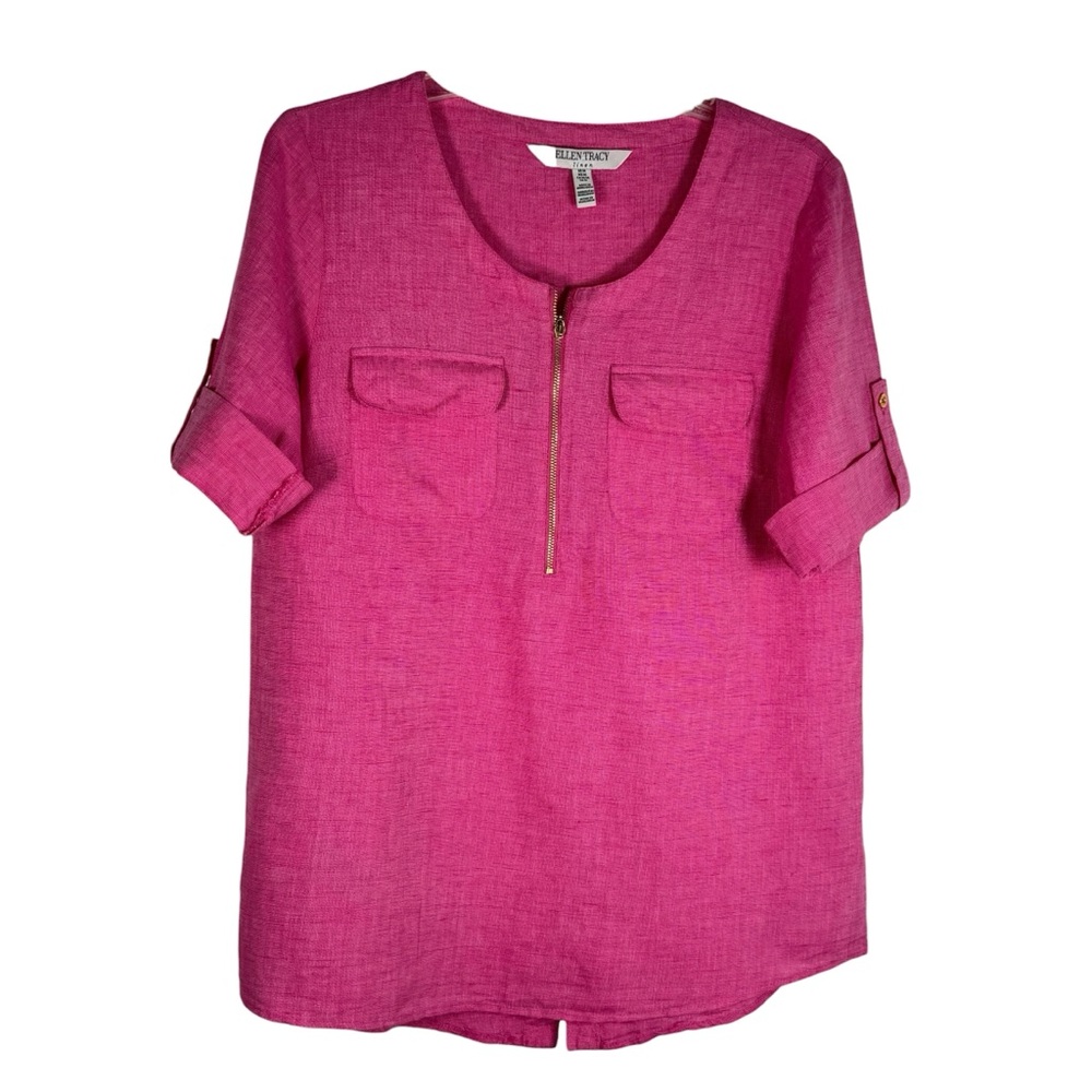 Ellen Tracy Pink Linen Blouse Partial Zipper Roll-tab Sleeves Size M